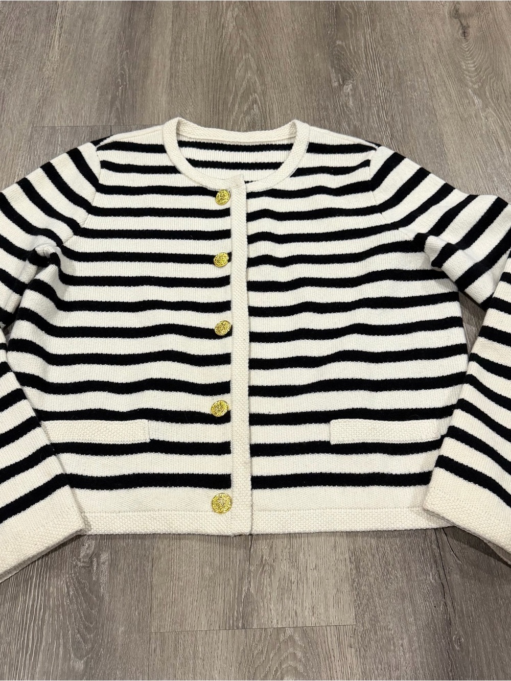 Black & White Striped Crewneck Cardigan with Gold Buttons